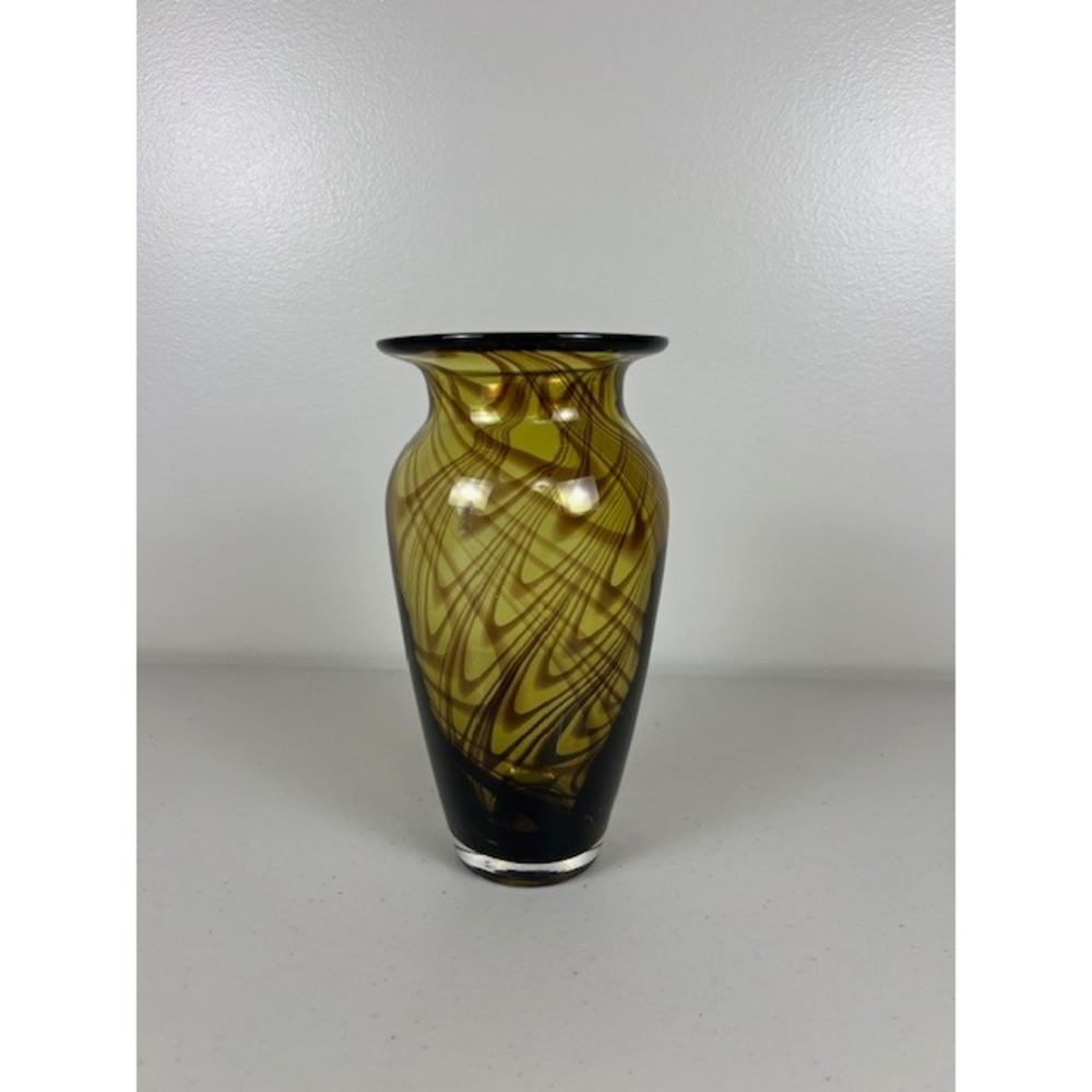 Hand Blown Art Glass Vase Amber Brown Swirl‎ Pulled Feather Pattern 7.75 Inch
